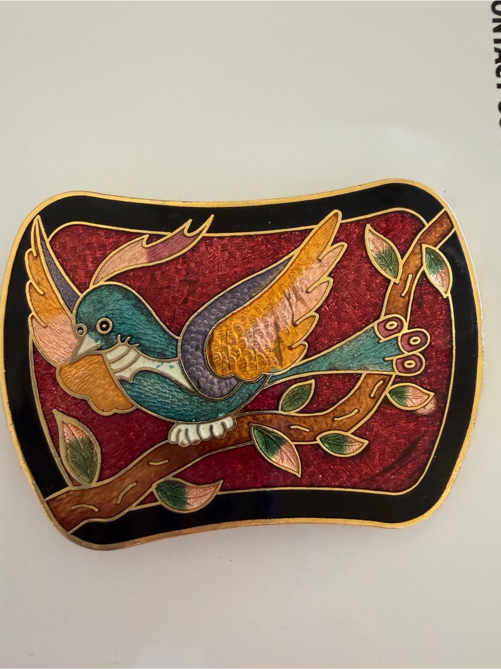 Vtg 80’s cloisonné Enamel Bird Belt buckle teal Gold, Purple, Red